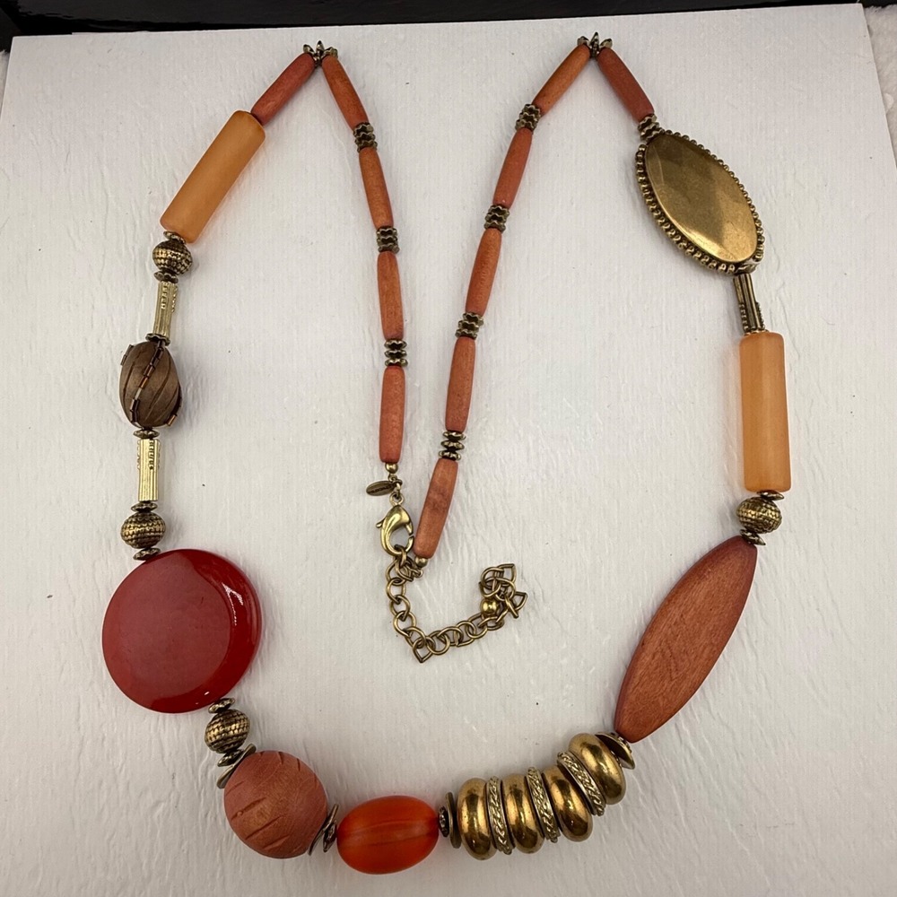 Chico's Statement Necklace Red Orange Gold Tone Beaded Long 36"